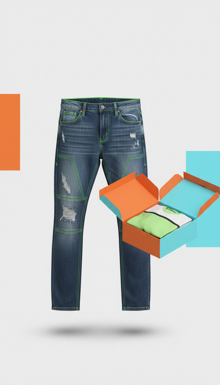 Distressed Denim With Neon Stitching